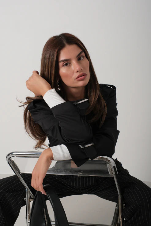 Elastic Waist Boxer Detail Black Trousers