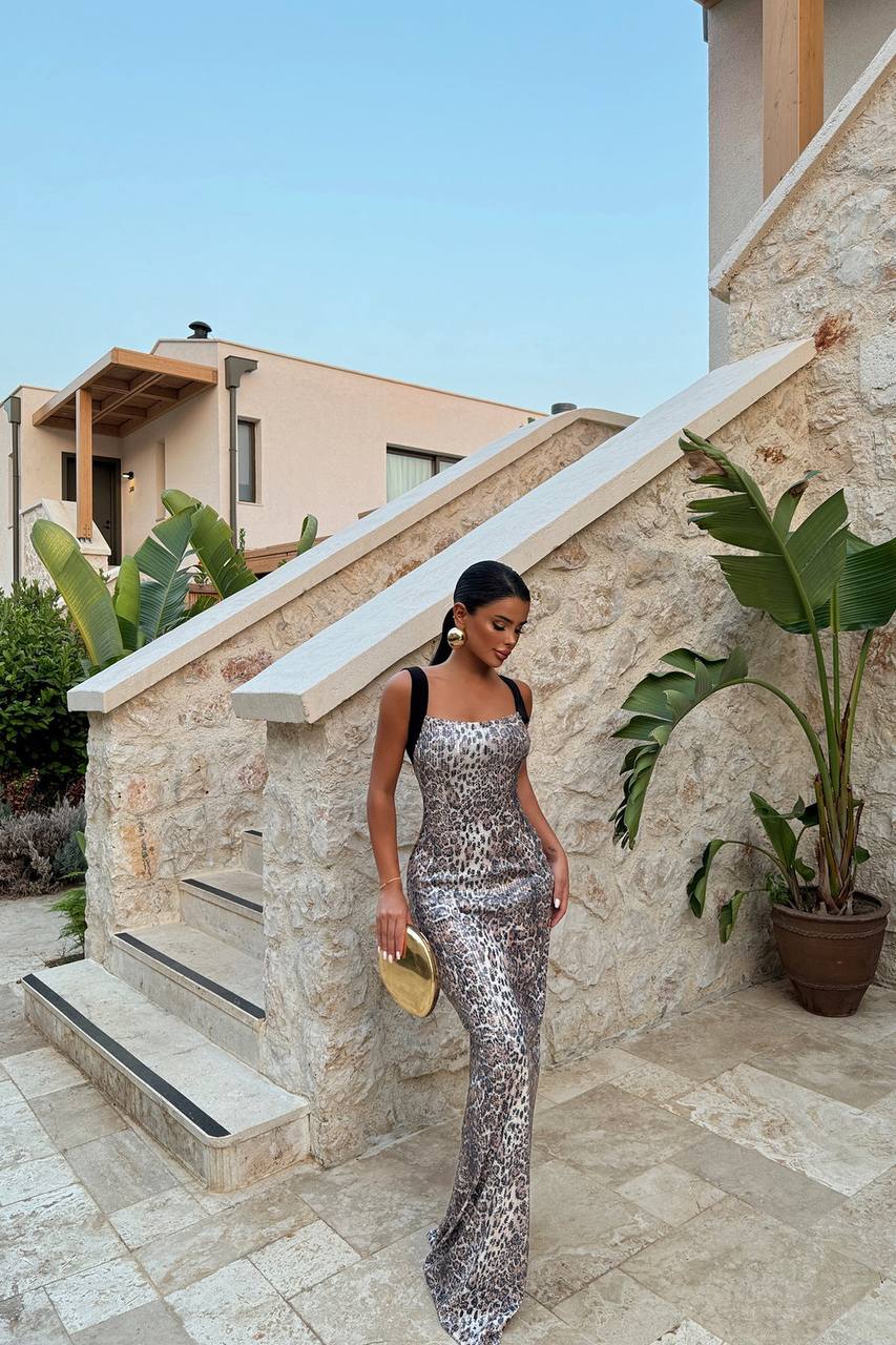 1952 Leopard Print Sequin Maxi Dress