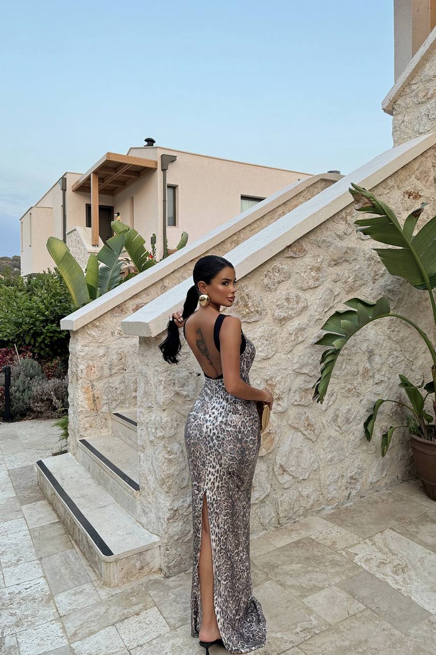 1952 Leopard Print Sequin Maxi Dress