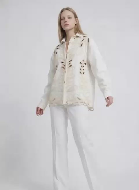 1952 Cream Crochet Denim shirt jacket